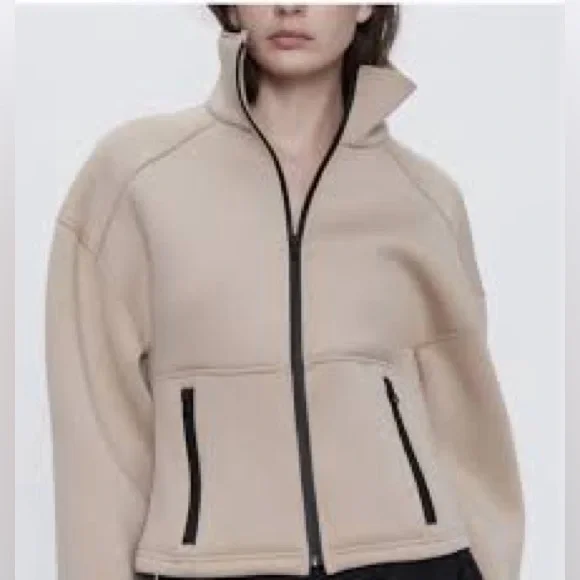 Zara Scuba Zip Up Jacket Size Small Beige Puff Sleeve Athleisure - Picture 2 of 11